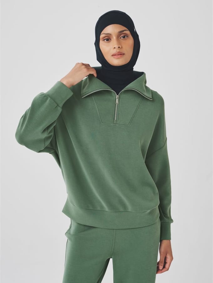 Next - Dames - Sportief sweatshirt van modal met korte rits - Groen