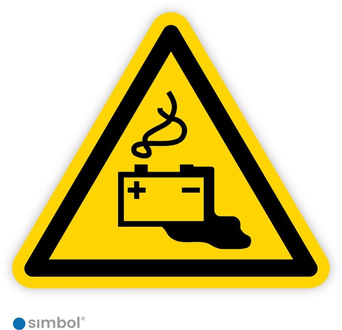 Simbol® - Stickers Gevaar door het laden van accu's (W026) - Formaat ▲ 5 x 5 x 5 cm.