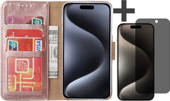 Hoesje met Privacy Screenprotector Geschikt voor iPhone 15 Pro – Arara bookcase met pasjeshouder - Rosegoud