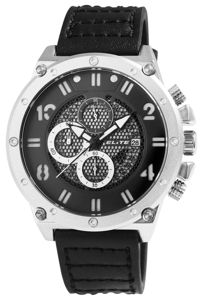 Elite Herenhorloge echt leer zilverkleurig, datumaanduiding