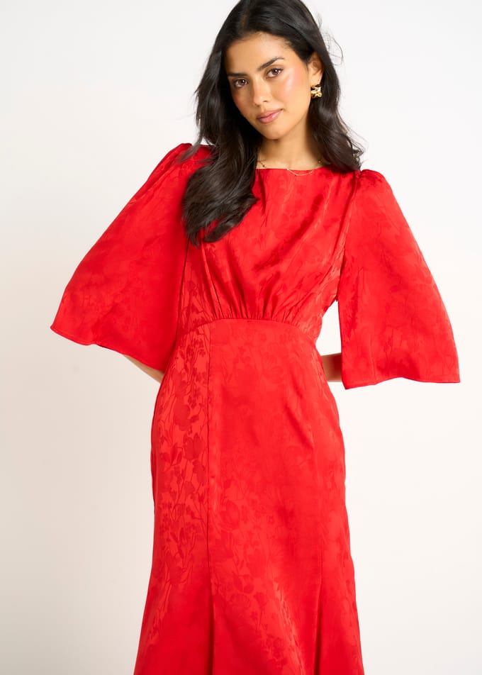 Rode satijnen jacquard midi-jurk