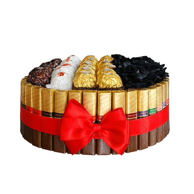 Luxe snoep cirkel chocolade mix met zwarte rozen - 24cm