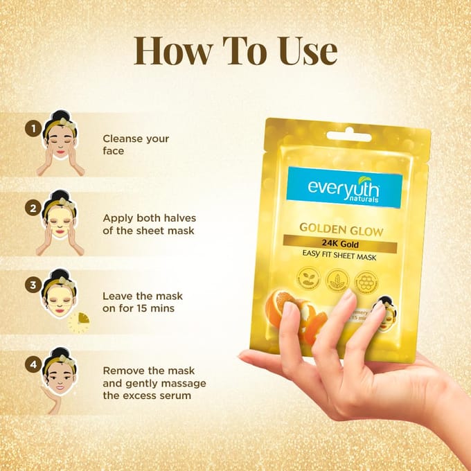 Everyuth Naturals Gouden Gloed 24K Gouden Bladmasker Pak van 3 Voor Stralende Huid Hydratatie Directe Gloed Gezichtsmasker Makkelijk te Passen Biologisch Afbreekbaar Ontwerp beige