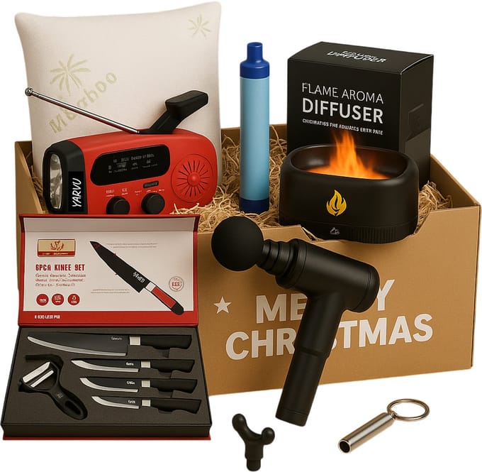 kerstpakket 2026/2027 - Noodradio - Noodfluit - Bamboo Kussen - Massagegun - Messenset - Aroma Diffuser - Waterfilterset