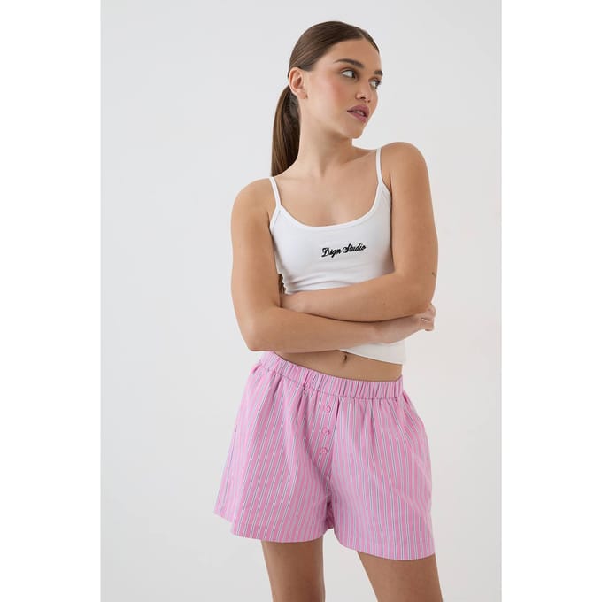 Dames Dsgn Studio Henley Knoop Streep Poplin Short | Pink | Maat: Medium