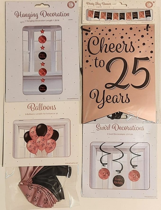 Feestversiering – rose gold/zwart - complete set - 25 jaar - luxe set