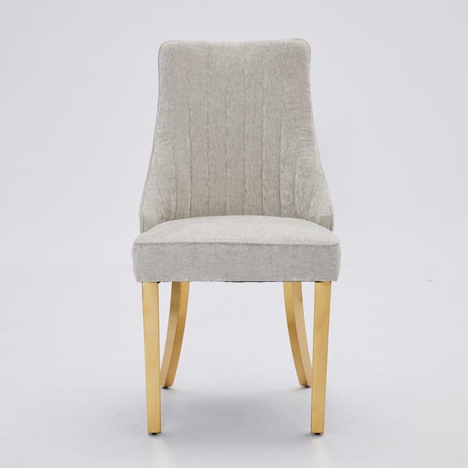 Beige chenille tweepersoons eetkamerstoel rubberhout vergulde poten eetkamer hoog draagvermogen