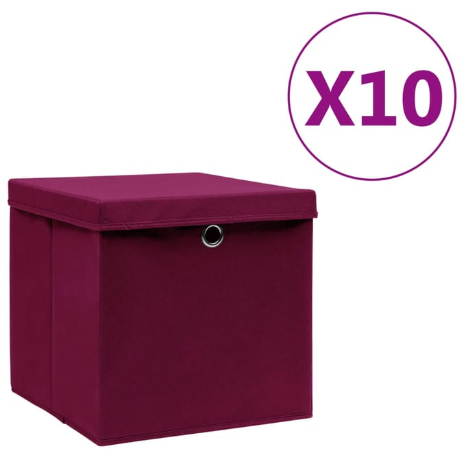 vidaXL - Opbergboxen - met - deksel - 10 - st - 28x28x28 - cm - donkerrood