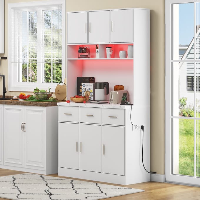 REDOM Keukenkast 100×40×180 cm – wit MDF buffet met app‑gestuurde LED, stopcontact & USB, 3 laden, verstelbare planken