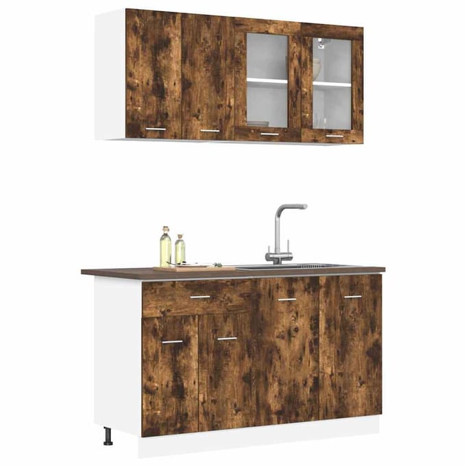 vidaXL - Keuken - Eenheid - LYON - 4 - st - Gerookt - eiken - Bewerkt - hout