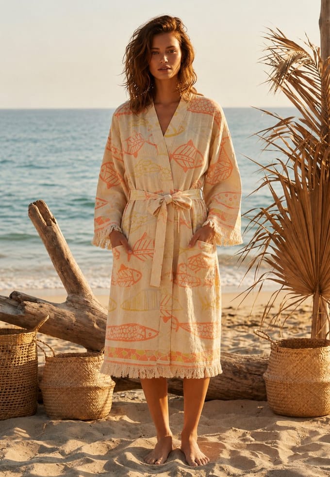Kimono Dames Sauna & Wellness - Beige Badjas - Visjes