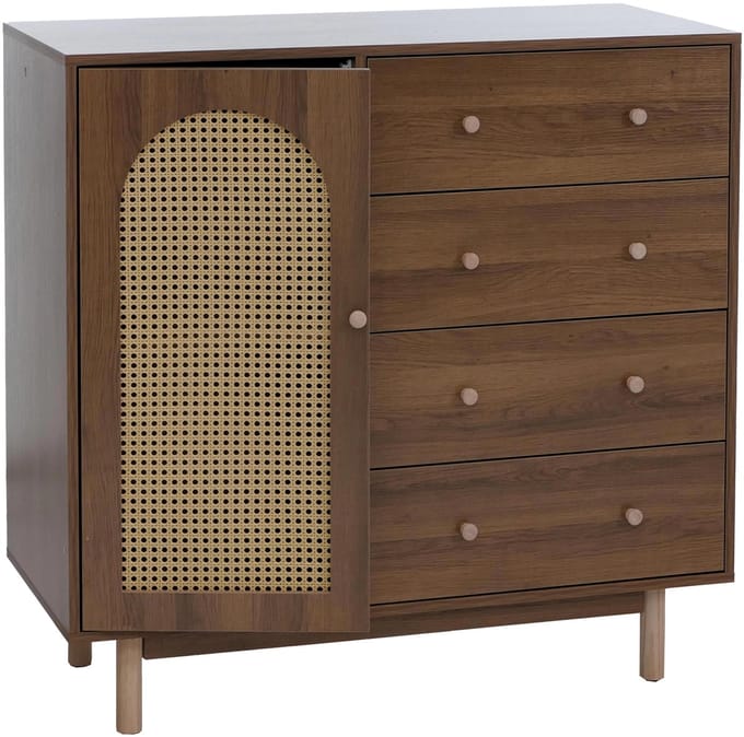 Commode MCW-P52, kast, dressoir, highboard, lades, opbergvakken, polyrotan, MDF, melamine, 95 x 100 x 40 cm ~ bruin