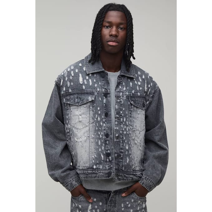 Extreme Distressed Oversized Boxy Denim Jacket | Charcoal | Size Small