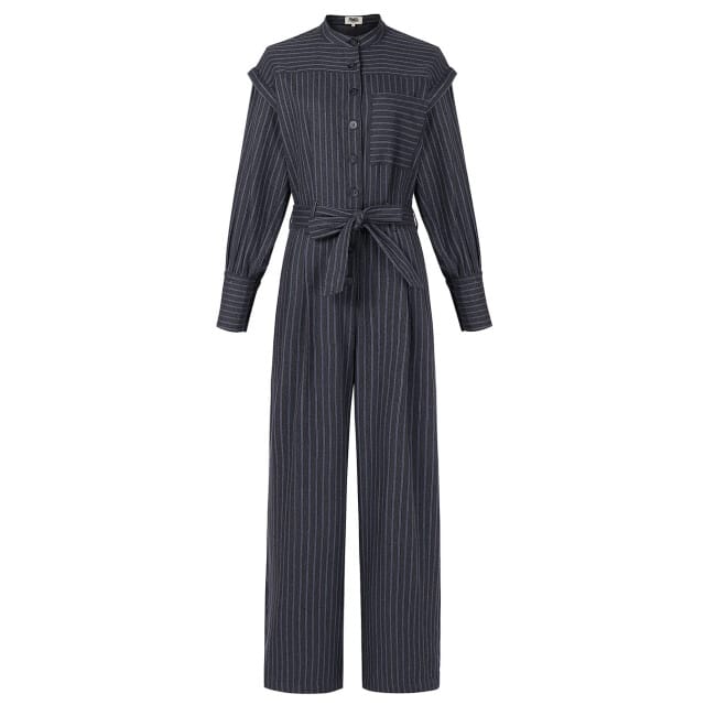 FRNCH Vigan jumpsuit gestreept met schouderdetails en strikceintuur grijs