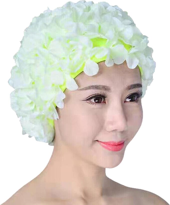 Grappige neon groen/gele badmuts met witte bloemen en parels - Douchecap Retro