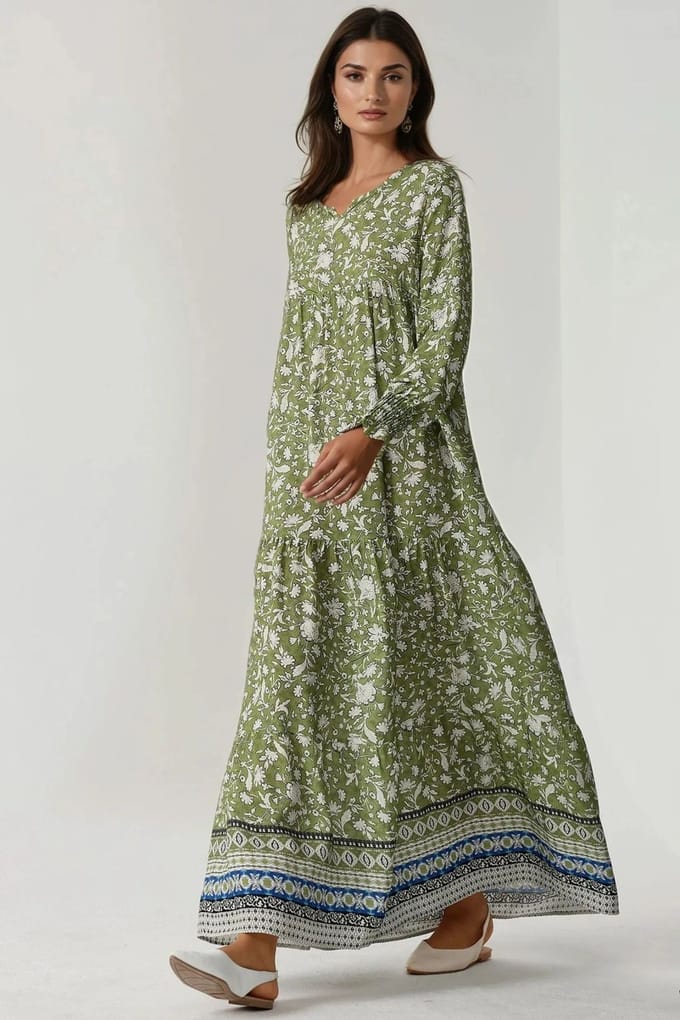Geprinte Viscose Maxi Jurk met Ronde Hals