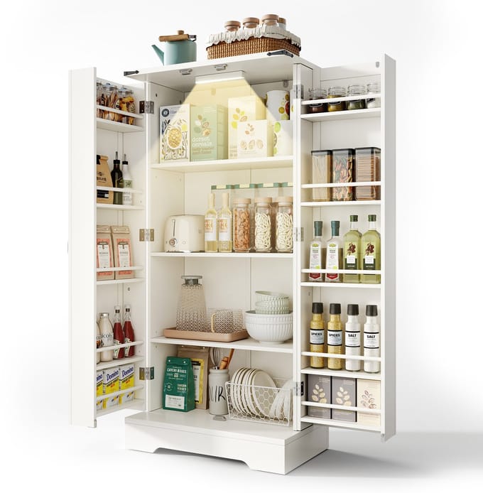 Keukenkast - 128.5 cm - Buffetkast met LED-verlichting - 2 Deuren voor Kleine Ruimtes - Hout - Wit