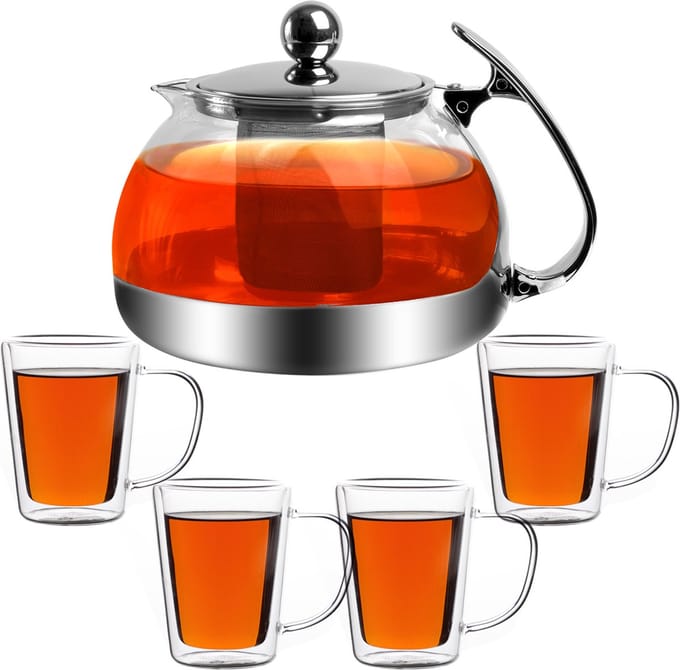 Monzana theepot 1,2 liter – Set met 4 theeglazen, zeef - RVS
