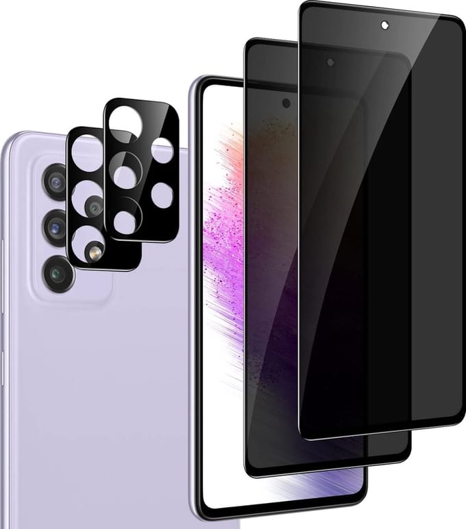 Screenprotector Glas - 2X Privacy Tempered Glass Screen Protector Anti-Spy + 2X Camera lens Beschermer Geschikt voor: Samsung Galaxy A73 5G