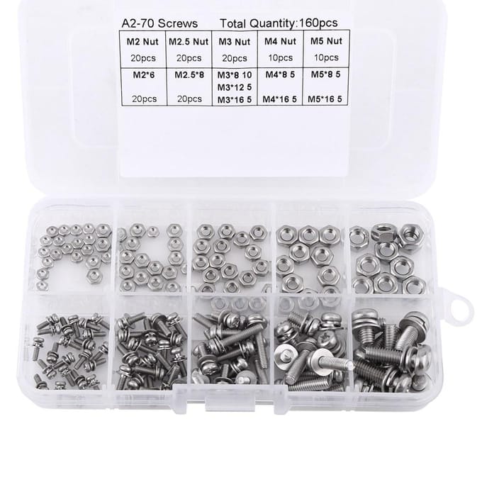 160 stuks Roestvrij Staal SS304 Panhoofd Schroeven Moeren Assortimentskit M2 M2.5 M3 M4 M5