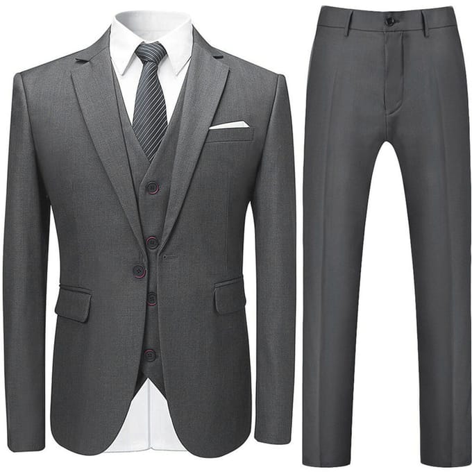 3-delig slim-fit, effen grijs chic formeel bruiloftspak