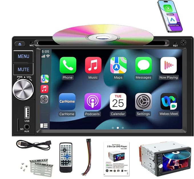 ESSGOO 2-DIN Multimedia Autoradio met 6,2″ Touchscreen, Bluetooth & CD/DVD – Apple Carplay & Android Auto