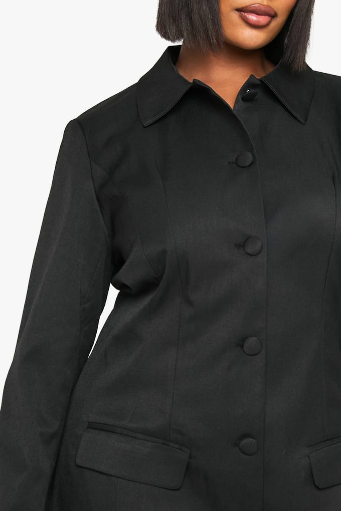 boohoo Dames Plus Button Down Kraag Getailleerde Jurk | Black | Maat: 16