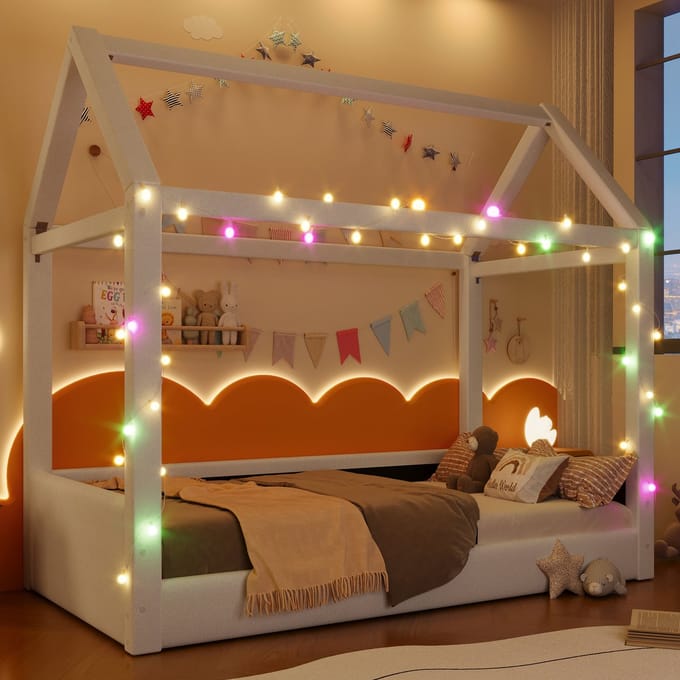 Bedbank - 90x200 cm - Gepolsterd met LED - Comfortabel Design - Textiel - Beige