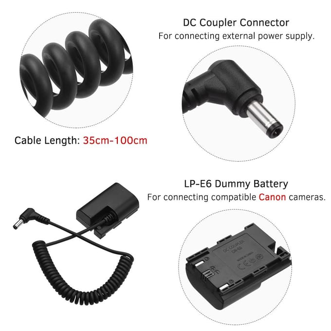 Andoer LP-E6 Dummy Battery Pack DC-koppelstukconnector Veerkabel Batterijvervanging voor Canon 5D2 For Canon LP-E6 zwart