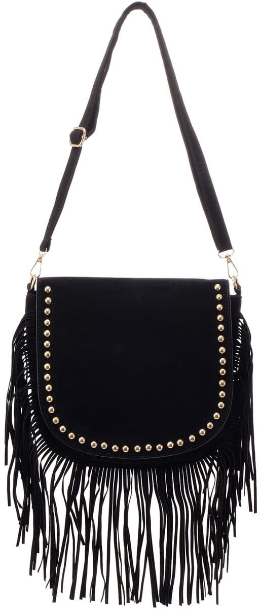 Schoudertas - PU - franjes en studs - zwart - 30x27 cm