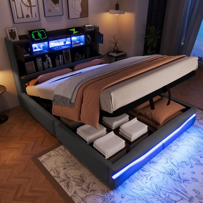 Gestoffeerd Bed - 140x200 cm - met USB-C, LED en Hydraulische Opbergruimte - Grijs