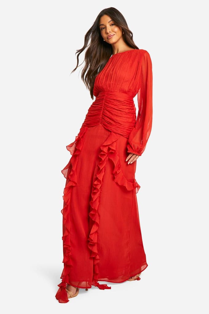 boohoo Dames Crinkle Chiffon Ruffle Maxi Jurk | Russet | Maat: 42