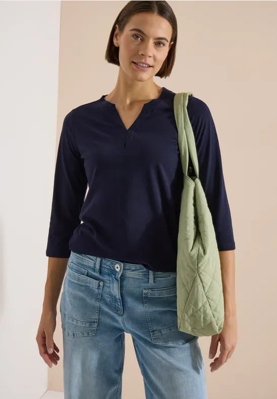 Shirt met 3/4-mouwen, split in de hals en elastische zoom