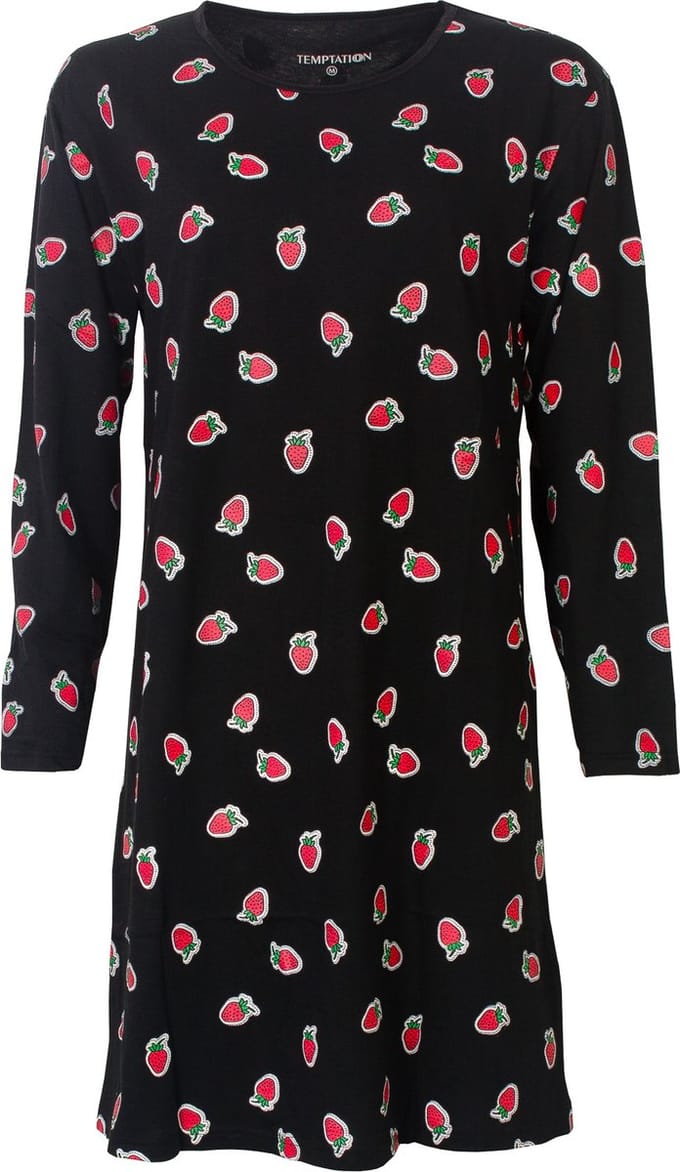 Temptation Dames Bigshirt - Aardbeien dessin - Zwart - Maat M