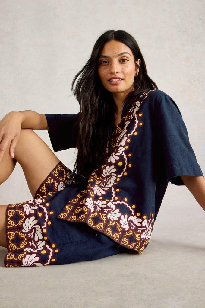 White Stuff Bella Linen Blend Resort Shirt Navy Multi Größe: 6 | Business hemden Outlet | Damen | Weiß