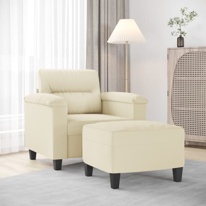 vidaXL - Fauteuil - met - voetenbank - 60 - cm - kunstleer - crèmekleurig