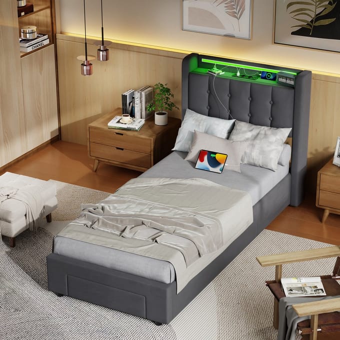MIVRAY Eenpersoonsbed Met LED 90x190 - Stoffen Bedframe Met Opbergruimte - Fluweel - Donkergrijs