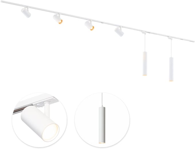 Qub Viror Railverlichting - Wit - 600 cm - I-Vorm - 4 Mesh Spots & 2 Hanglampen - Dimbaar - Complete Set