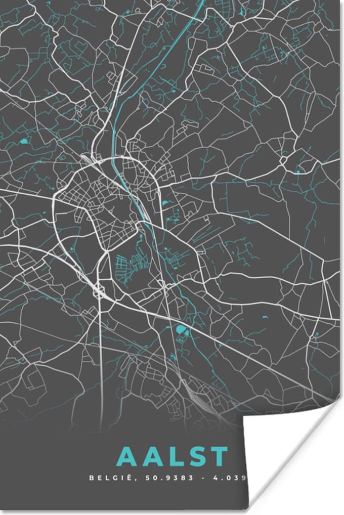 Poster Plattegrond – Aalst – Blauw – Stadskaart - Kaart - 20x30 cm
