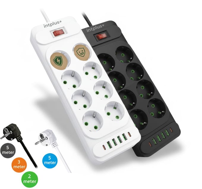 intplus+ Stekkerdoos 8-voudig – 5 Meter – 6 USB (2x USB-C Snelladen) – Overspanningsbeveiliging – Kinderveilig – Schakelaar – 2500W Wit