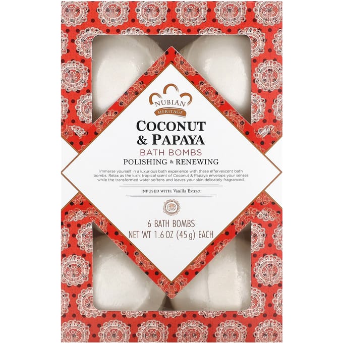 Nubian Heritage, Bath Bombs, Coconut and Papaya, 6 bath bombs, 1.6 oz (45 g) each gray