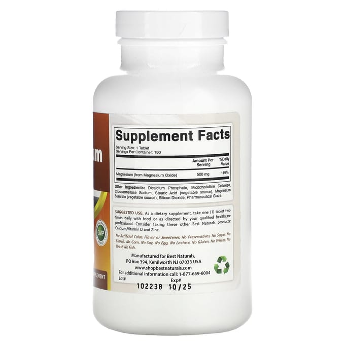 Best Naturals, Magnesiumoxide, 500 mg, 180 Tabletten