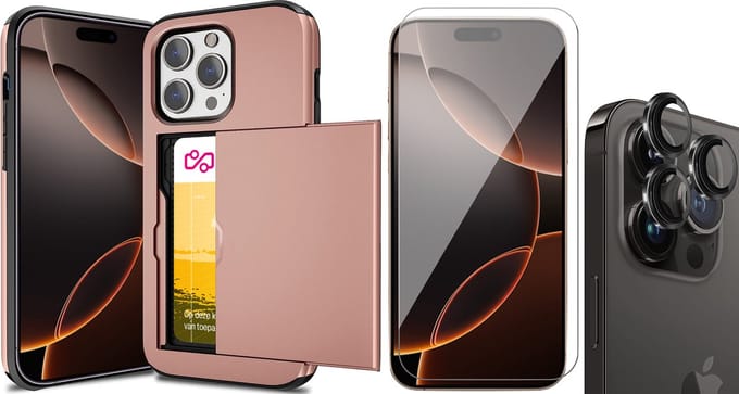 Hoesje met Pasjeshouder geschikt voor iPhone 16 Pro Max - Screenprotector GlassGuard & Camera Lens Screen Protector Zwart - Back Cover SlideCase Roségoud