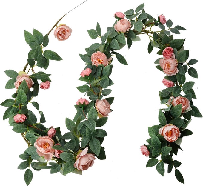 Clayre & Eef Kunstbloem Guirlande 150 cm Roze Groen Kunststof Rozen