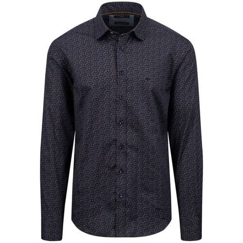 Fynch-Hatton Overhemd Mini Leaves Pattern Kent Collar Navy / male