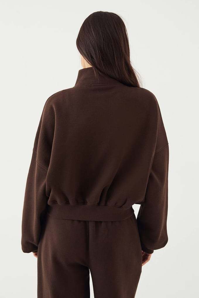 Dames DSGN Studio Cord Applique Ritssluiting Bomber Sweatshirt | Dark Chocolate | Maat: 3XL