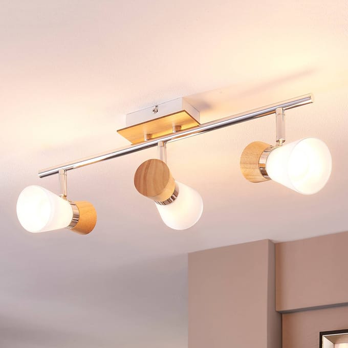 Lindby - plafondlamp hout - 3lichts - glas, hout, metaal - H: 15 cm - E14 - wit, licht hout, chroom