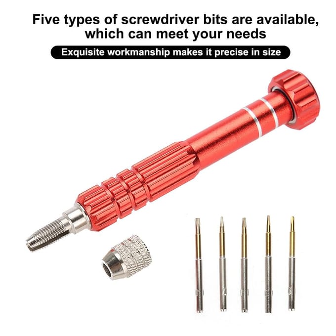 Schroevendraaierhandvat met 5 precisiebits Telefoon Bril Horloge Reparatie Gereedschapsset (Rood) red