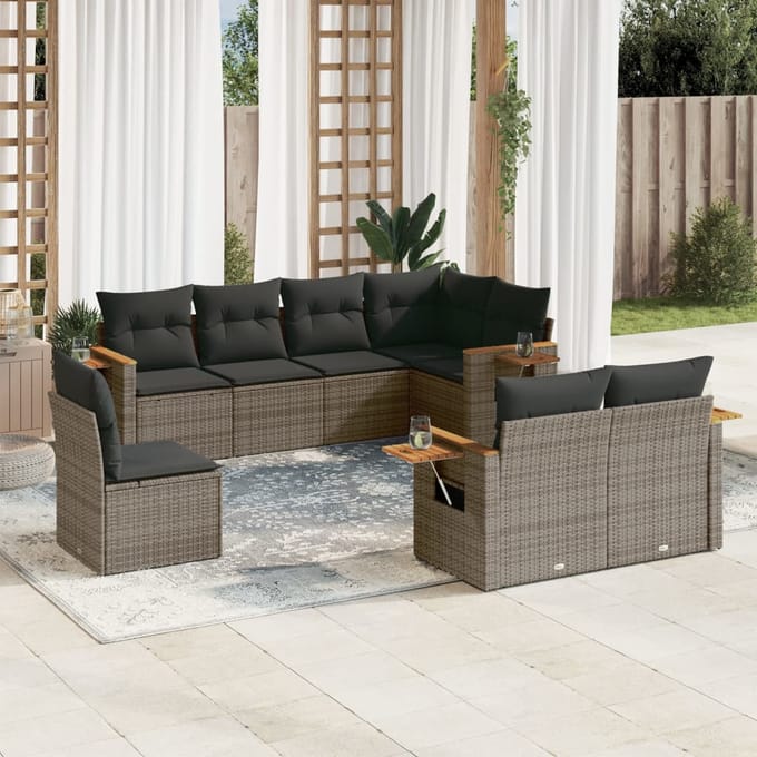 vidaXL - 8-delige - Loungeset - met - kussens - poly - rattan - grijs