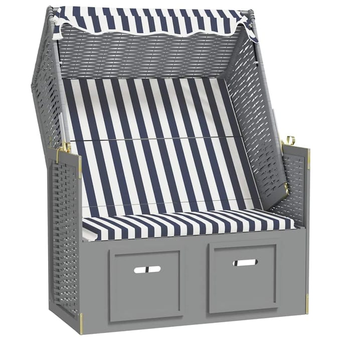 vidaXL - Strandstoel - met - luifel - poly - rattan - en - massief - hout - blauw - en - wit
